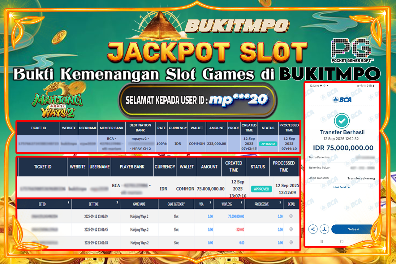 BUKITMPO JACKPOT  MAHJONG WAYS 2 - PG SOFT Rp.75.000.000,- LUNAS